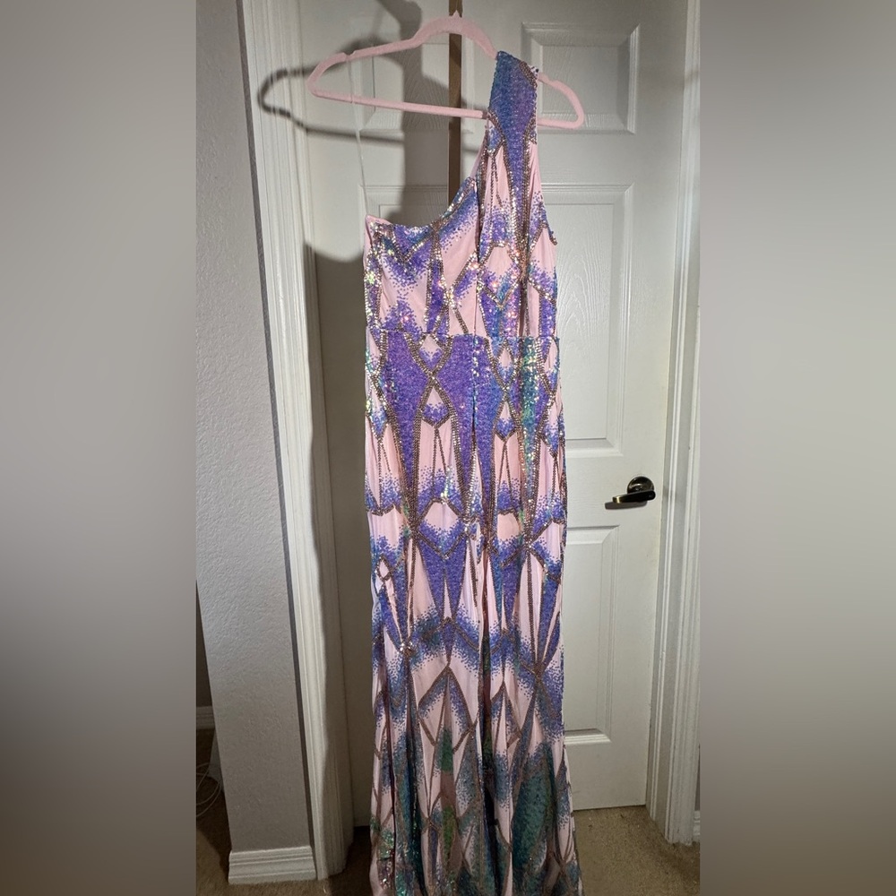 Boutique brand dress multi color sequined gown front slit Sz L